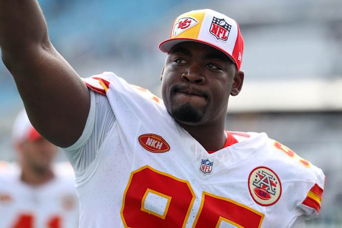 Sep 17, 2023; Jacksonville, Florida, USA; Kansas City Chiefs defensive tackle Chris Jones (95) celebrates after beating the Jacksonville Jaguars at EverBank Stadium. Mandatory Credit: Nathan Ray Seebeck-USA TODAY Sports  